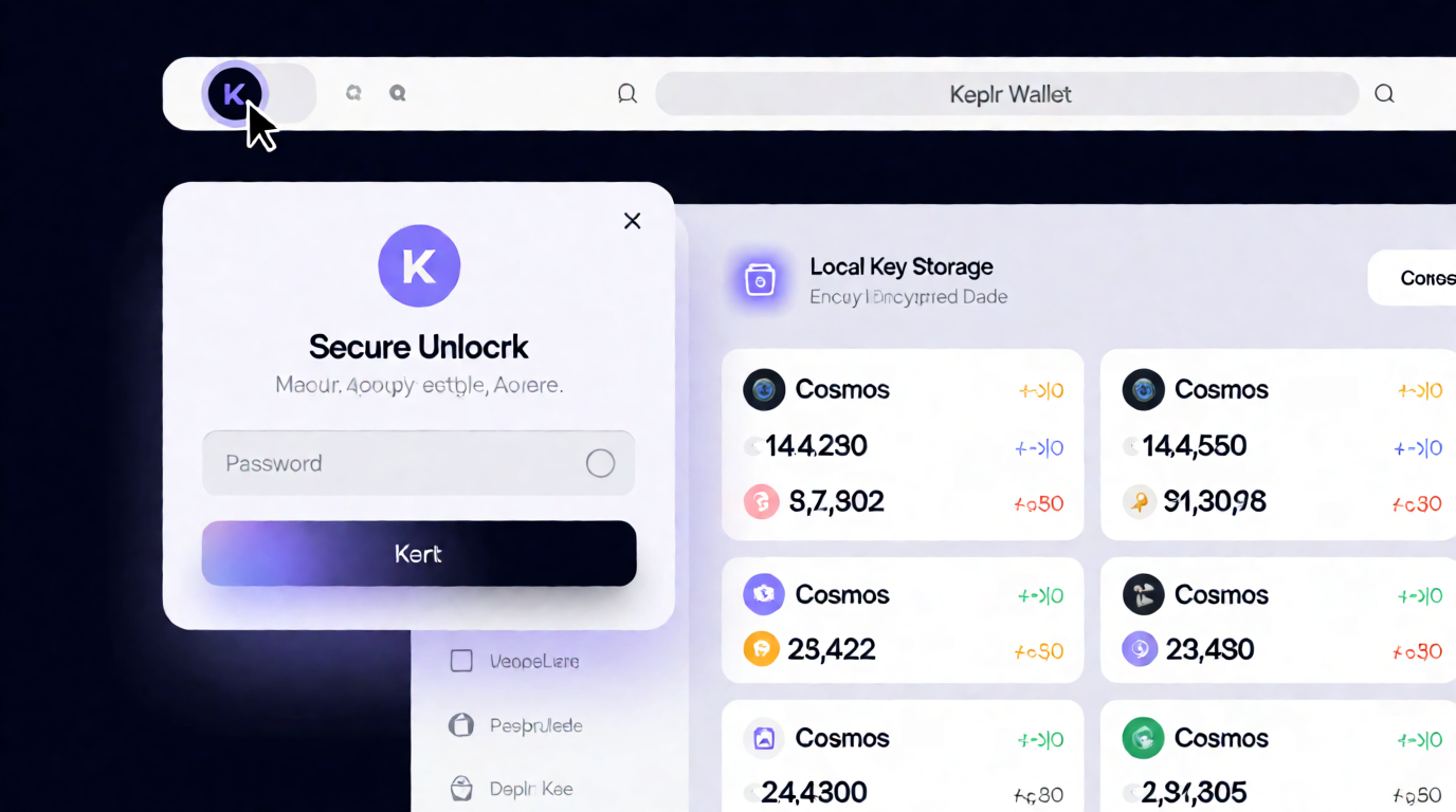 Keplr Wallet browser extension login process with unlock screen and dashboard, highlighting local security.