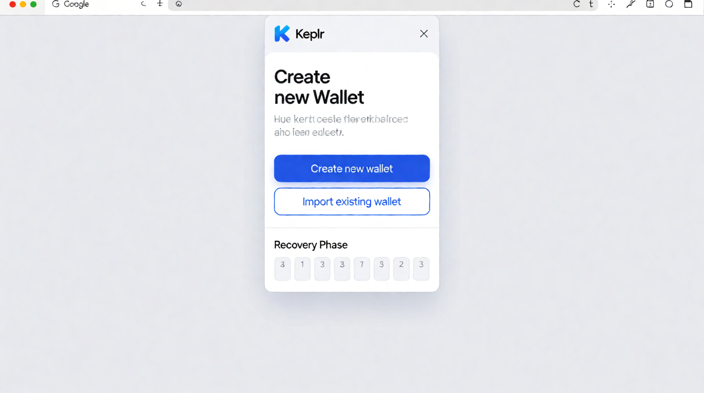Keplr Wallet Chrome extension installation screen with wallet creation and import options.