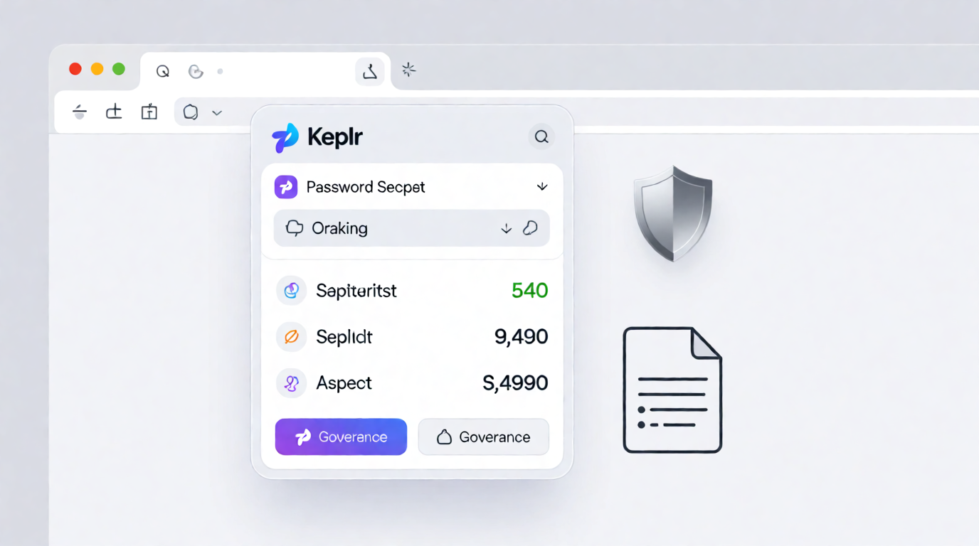 Illustration of Keplr Wallet being added to Firefox with password and recovery phrase visual hints.