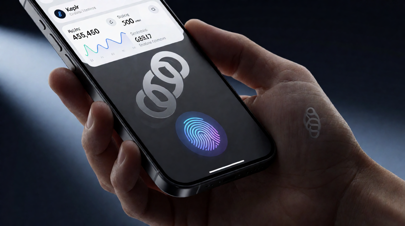 A smartphone showing the Keplr Wallet app with a glowing fingerprint scan for secure mobile login.