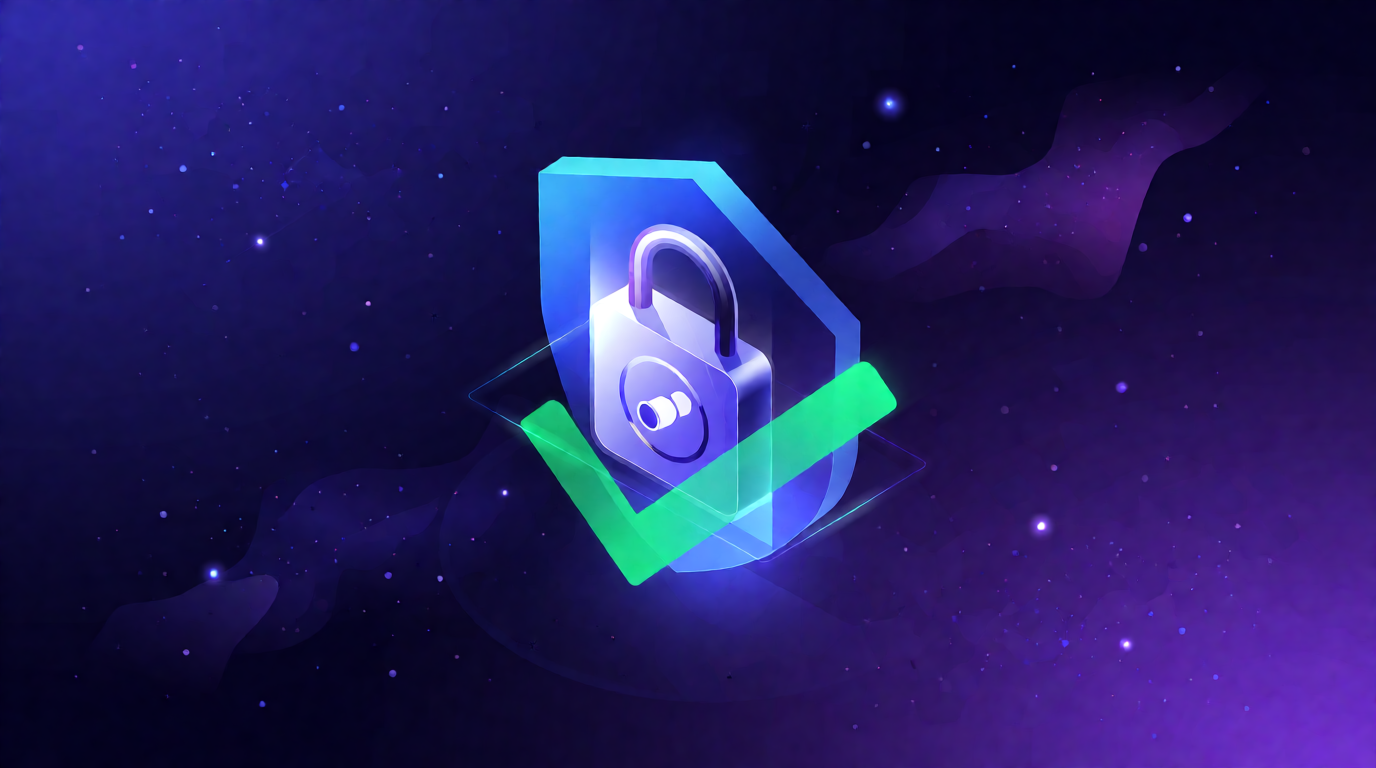 Secure padlock icon with Keplr Wallet logo and verification symbols on a space-themed background.