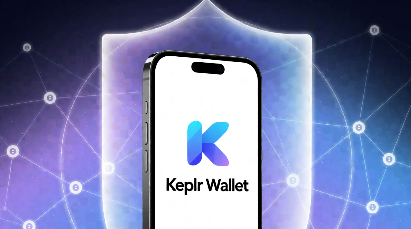 Smartphone with Keplr Wallet logo inside a protective shield, with blockchain network lines.